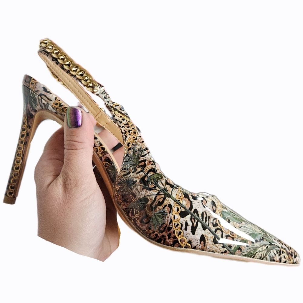 NWT LEOPARD PRINT POINTED TOE STILLETTO HEEL PUMPS CHAIN DETAIL: SIZE 8.5! - Picture 11 of 16